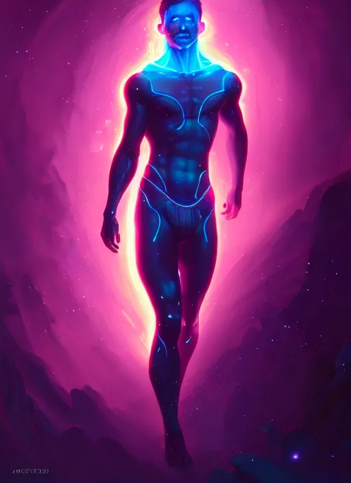 Image similar to a faceless masculine humanoid liquefied stardust adventurer, dnd fantasy character, full body portrait, glowing neon skin, magical aura, ultra realistic, intricate, elegant, highly detailed, digital painting, artstation, smooth, sharp, focus, illustration, art by artgerm and greg rutkowski and alphonse mucha