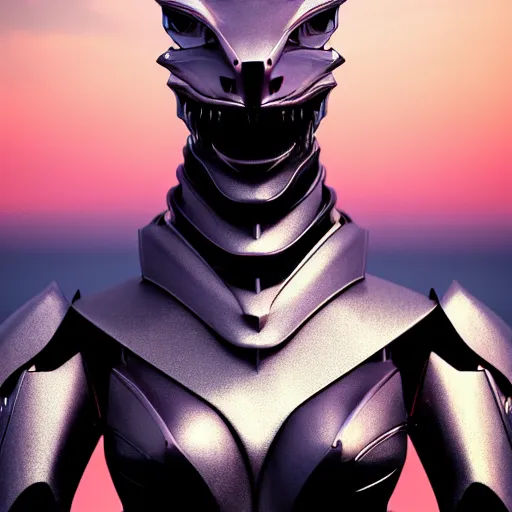 Image similar to chest up bust shot, realistic detailed stunning beautiful armored anthropomorphic humanoid female robot dragon, looking to the side, sleek streamlined armor and design made of steel, sharp claws and sharp teeth, Slick LEDs, standing on two legs, on the beach during sunset, high quality, cinematic art, sunset lighting, 3D render, 8k, artstation, deviantart, furaffinity