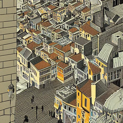 Image similar to isometric view illustration of a medieval Marseille street corner, highly detailed, mid day by Victo Ngai