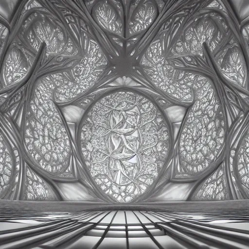 Prompt: a 3 d render of a massive sprawling fractal cathedral interior populated by mandelbrot fractals, unreal engine, carved soap, white color scheme, volumetric lighting, hyperrealistic, octane render, glowing, carved marble, opalescent, carved wood, depth of field, sacred geometry, religious, angelic, catholicpunk, photorealism, 8 k, ultra detailed