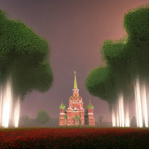 Prompt: huge explosions in the form of white cotton plants in Red Square Kremlin, beautiful dynamic lighting, cinematic, extremely high detail, photo realistic, cinematic lighting, post processed, concept art, artstation, matte painting, unreal engine 8k