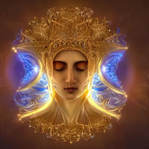 Image similar to highly detailed digital painting of a beautiful goddess by wlop, bright light emerging from her eyes, wearing a mask, sculpted in white opalescent marble, with lots of thin ornaments, disolving with a luminous background, curves and chaotic fractal art inlays, intricate, 8 k, golden aura, cinematic light, background atmospheric effects, sparkles, light rays