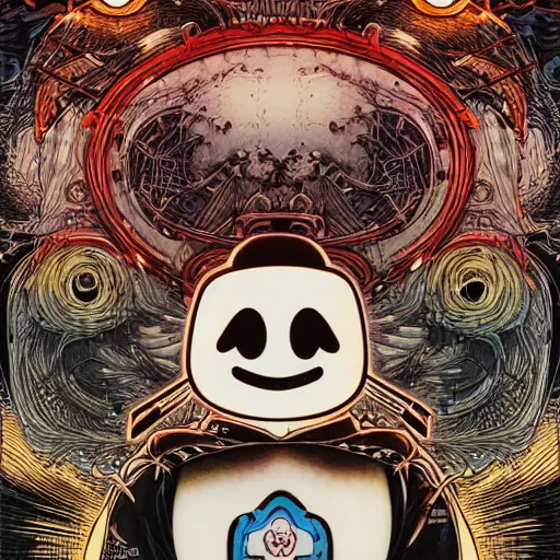 Image similar to portrait of crazy marshmello, symmetrical, by yoichi hatakenaka, masamune shirow, josan gonzales and dan mumford, ayami kojima, takato yamamoto, barclay shaw, karol bak, yukito kishiro