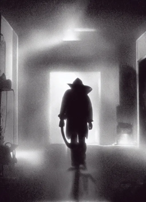 Prompt: A cinematic still from A Nightmare on Elm Street (1984), particles, volumetric light, hyperrealistic, ultradetailed, ominous, octane render, neon, fog