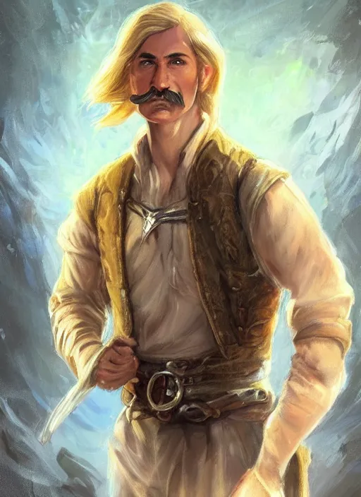 Image similar to young man with short light blonde combover hair and moustache, dndbeyond, bright, colourful, realistic, dnd character portrait, full body, pathfinder, pinterest, art by ralph horsley, dnd, rpg, lotr game design fanart by concept art, behance hd, artstation, deviantart, hdr render in unreal engine 5