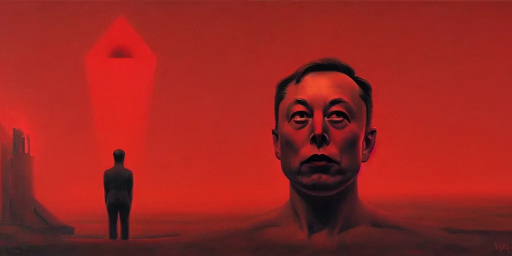 Prompt: elon musk totalitarian dictator in the style of beksinski, parts by edward hopper, parts by rodcenko, parts by yue minjun, intricate and epic composition, red by caravaggio, insanely quality, highly detailed, masterpiece, red light, war propaganda, artstation, 4 k