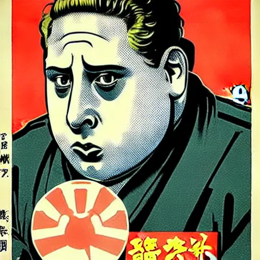 Image similar to how will we capture famous actor jonah hill? he is is causing trouble in this region. How do we stop him? NO JONAH HILLS ALLOWED. JONAH HILL is the subject of this ukiyo-e hellfire eternal damnation catholic strict propaganda poster rules religious. WE RULE WITH AN IRON FIST. mussolini. Dictatorship. Fear. 1940s propaganda poster. ANTI JONAH HILL. 🚫 🚫 JONAH HILL. POPE. art by joe mugnaini. art by dmitry moor. Art by Alfred Leete.