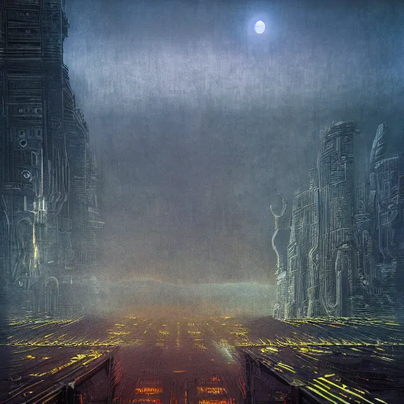 Image similar to futuristic megacity, midnight colors, nightmare horrorcore landscape, acid metal deep colors!, a photograph taken by beksinski gammell giger matte painting unreal engine