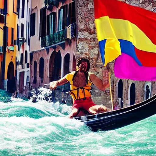 Prompt: radical italian man riding his gondola on a tidal wave, radical, colourful, ocean, gondola riding