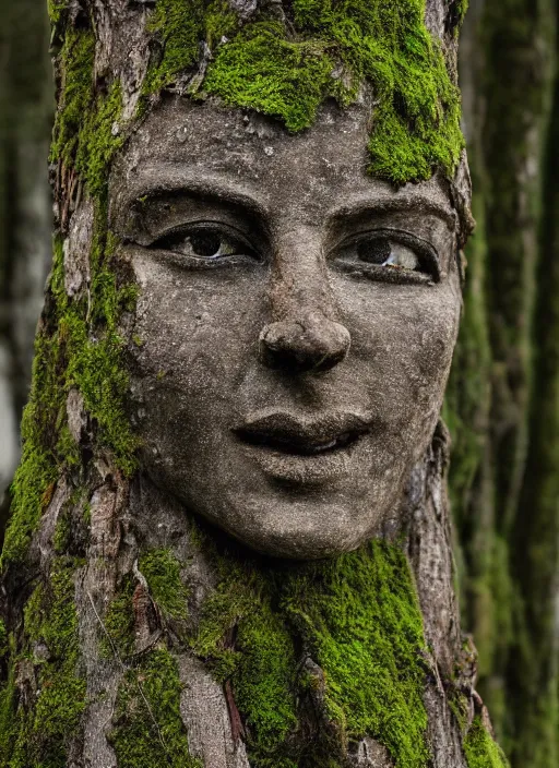 Image similar to photograph of hyperrealistic hyperdetailed ancient face in a tree covered with bark and moss, dark mysterious forest at sunset