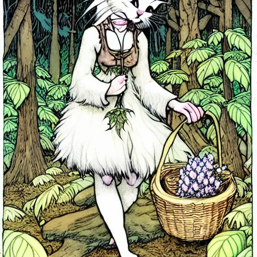 Prompt: A cute white-furred cat-girl Herbalist collecting flowers in the forest. Absurdly-detailed fantasy character illustration by Rebecca Guay and Wayne Reynolds