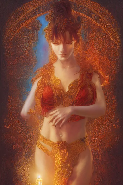 Image similar to tarot card artstation, portrait of a love dancer, sunrise, baroque ornamnet and rococo ornament, ancient chinese ornate, hyperdetailed, beautiful lighting, craig mullins, mucha, klimt, yoshitaka amano, red and gold and orange color palatte