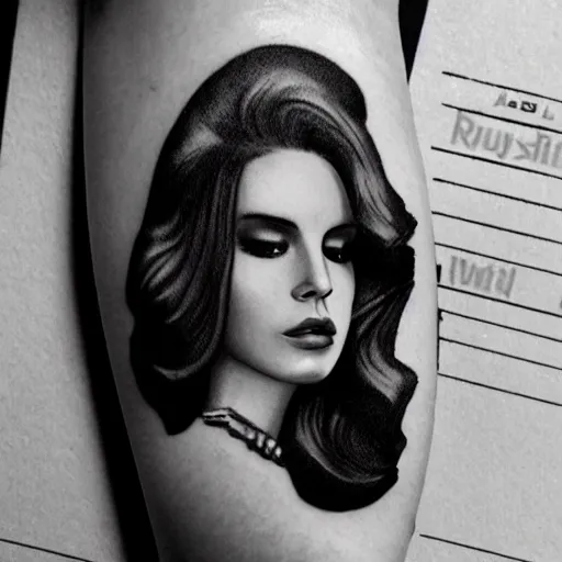 Image similar to Lana del rey tattoo design, photorealistic, dramatic