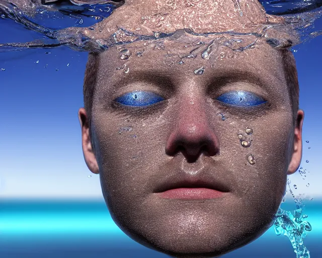 Image similar to water art manipulation of a surreal human head with open eyes burried in the ocean, hyper realistic, ray tracing, realistic water, sharp focus, 8 k resolution, cinematic