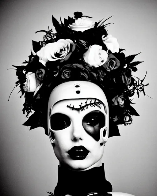 Image similar to dreamy surreal poetic black and white photo of a beautiful young bio-mechanical-female-cyborg-plastic-robot with a very long neck and a super big gothic lace collar and a very high big floral crown with many black dry roses by Vivienne Westwood:: smoke, high fashion, haute couture, rococo, avant-garde, elegant, dreamy, hyper realistic, 150 mm lens, soft rim light, octane render, unreal engine, picture was taken in 1910 by Dora Maar, volumetric lighting, dramatic light,8k,