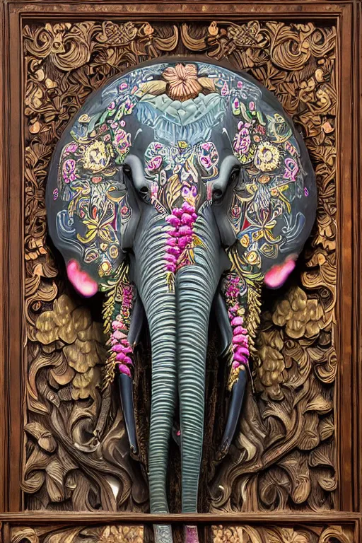 Image similar to Painted dark-wood panel relief carving of a close up of a Flowerpunk Matriarch Elephant, ornate border frame, explosion of colorful flowers, dark wood, intricately carved, black ink, festival of rich colors, intricate details, cinematic lighting, volumetric lighting, post-processing, art nouveau, by andreas rocha and john howe, and Martin Johnson Heade, featured on artstation, featured on behance, golden ratio, hyper detailed, photorealistic, epic composition, center spotlight, f32, well composed, symmetrical, UE5, 8k