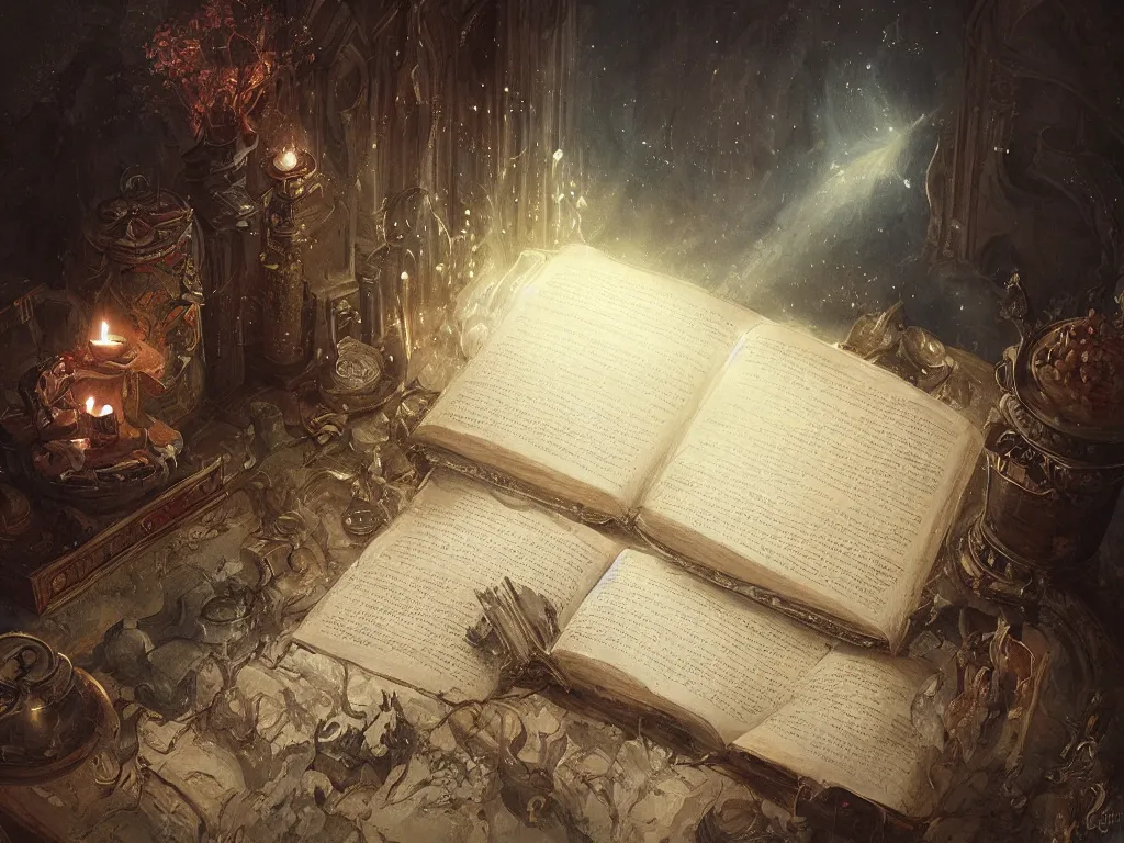 Image similar to detailed painting of a magical book open on a table that is a portal to a fantasy realm by Greg Rutkowski, fantasy, dramatic light