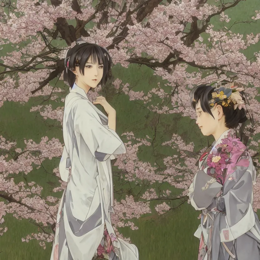 Image similar to front portrait of a girl walking, sakura tree in background, yukata clothing, battlefield in background, anime style, short hair, hair down, symmetrical facial features, from arknights, hyper realistic, 4 k, extreme detail, detailed drawing, trending artstation, realistic lighting, by alphonse mucha, greg rutkowski, sharp focus, backlit