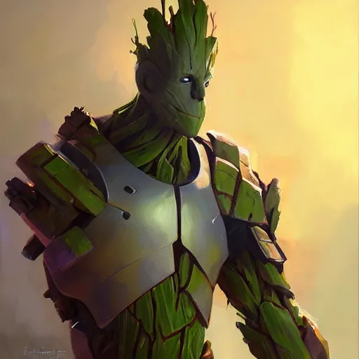 Image similar to greg manchess portrait painting of armored groot as overwatch character, medium shot, asymmetrical, profile picture, organic painting, sunny day, matte painting, bold shapes, hard edges, street art, trending on artstation, by huang guangjian and gil elvgren and sachin teng