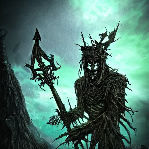 Image similar to 3D model of a (creepy sentinel king) wielding the (mythical) (blade) of the ruined king, (abandoned) (ruins), terror, digital art, destruction, the (void,) ominous vibes, green crown glowing, fear, very detailed, evil, smoke, trending on artstation, intricate details, high definition, 16k, Artstation, by John Wallin Libert