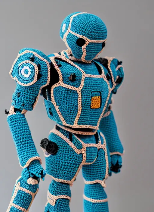 Image similar to a crochet mecha, realistic, Sigma 50 mm f/1.4