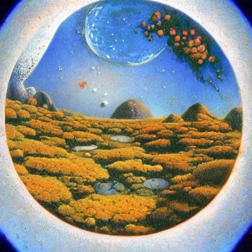 Image similar to a landscape on the moon with many craters, barren moon landscape, in a big crater at the center there is a beautiful flowering garden, 8 k, lowbrow in the style of martin johnson heade, roger dean, mark ryden and daniel merriam,