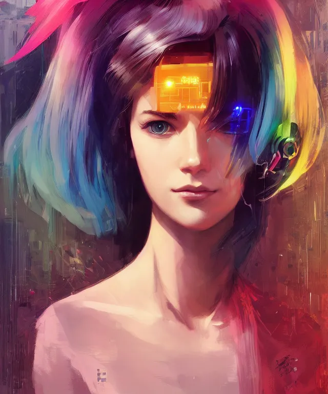 Image similar to half - circuits hacker girl with cute - fine - face, pretty face, multicolored hair, realistic shaded perfect face, fine details by realistic shaded lighting poster by ilya kuvshinov katsuhiro otomo, magali villeneuve, artgerm, jeremy lipkin and michael garmash and rob rey