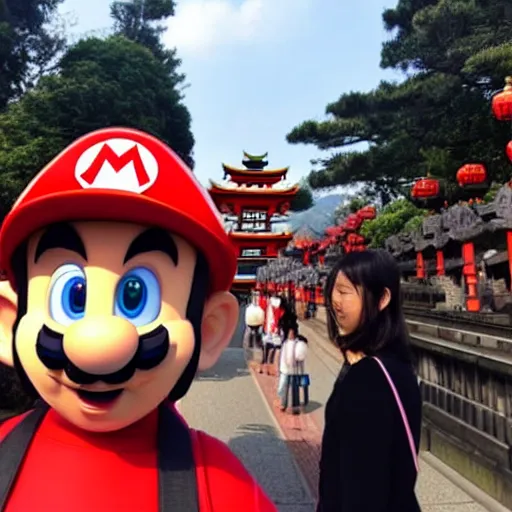 Prompt: photo of super mario visiting fushimi inari shrine