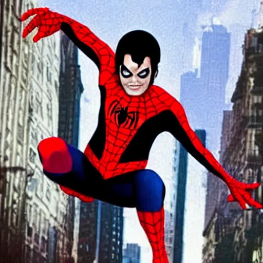 Prompt: michael jackson as spiderman flying through the city, bright