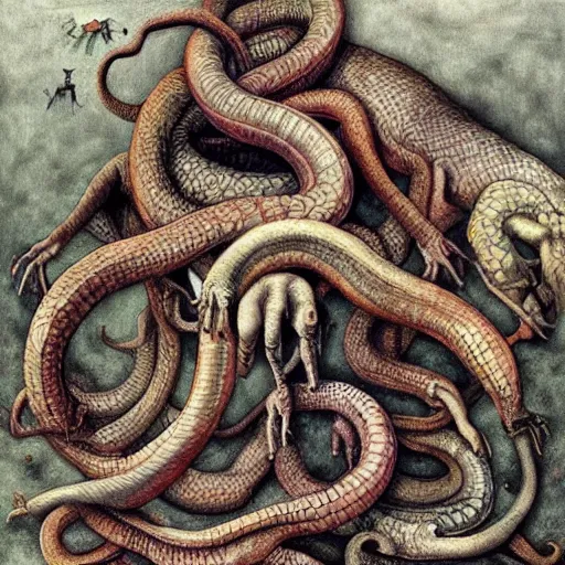 Image similar to the jumbled dreams of serpents, by M.C. Escher, by Santiago Caruso, oil on canvas, beautiful, eerie, surreal, colorful