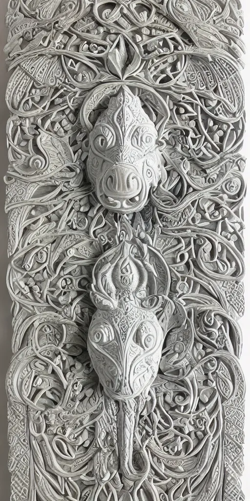 Image similar to intricate colourfully painted carved Soapstone relief paneling, white and pale blue , celestial, piggy, pig goddess, mother earth, Earth Goddess mythology, Gaia, angels, divinity, Ghostly, crystaline celtic, insanly detailed , artstation, wallpaper, hyper realistic, realistic lighting