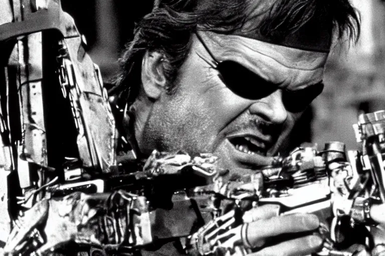 Image similar to Jack Nicholson plays Terminator, action scene where he destroys Skynet, still from the film