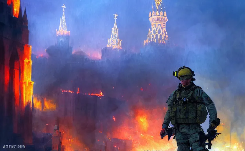 Image similar to special forces soldier with ukrainian blue and yellow shoulder patch watches red square kremlin burn in the background, d & d, fantasy, bright atmosphere, volumetric lights, intricate, elegant, extremely detailed, digital painting, artstation, concept art, matte, smooth, sharp focus, hyper realistic, illustration, art by artgerm and greg rutkowski and alphonse mucha