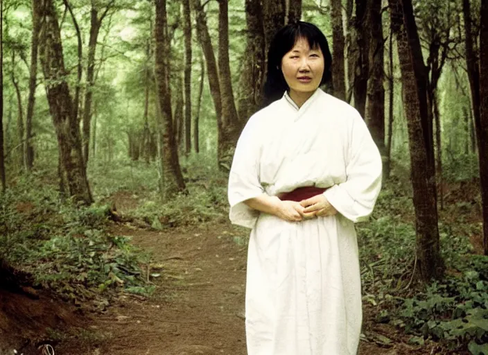 Prompt: An Asian woman in white, in the forest, 90's professional color photograph.