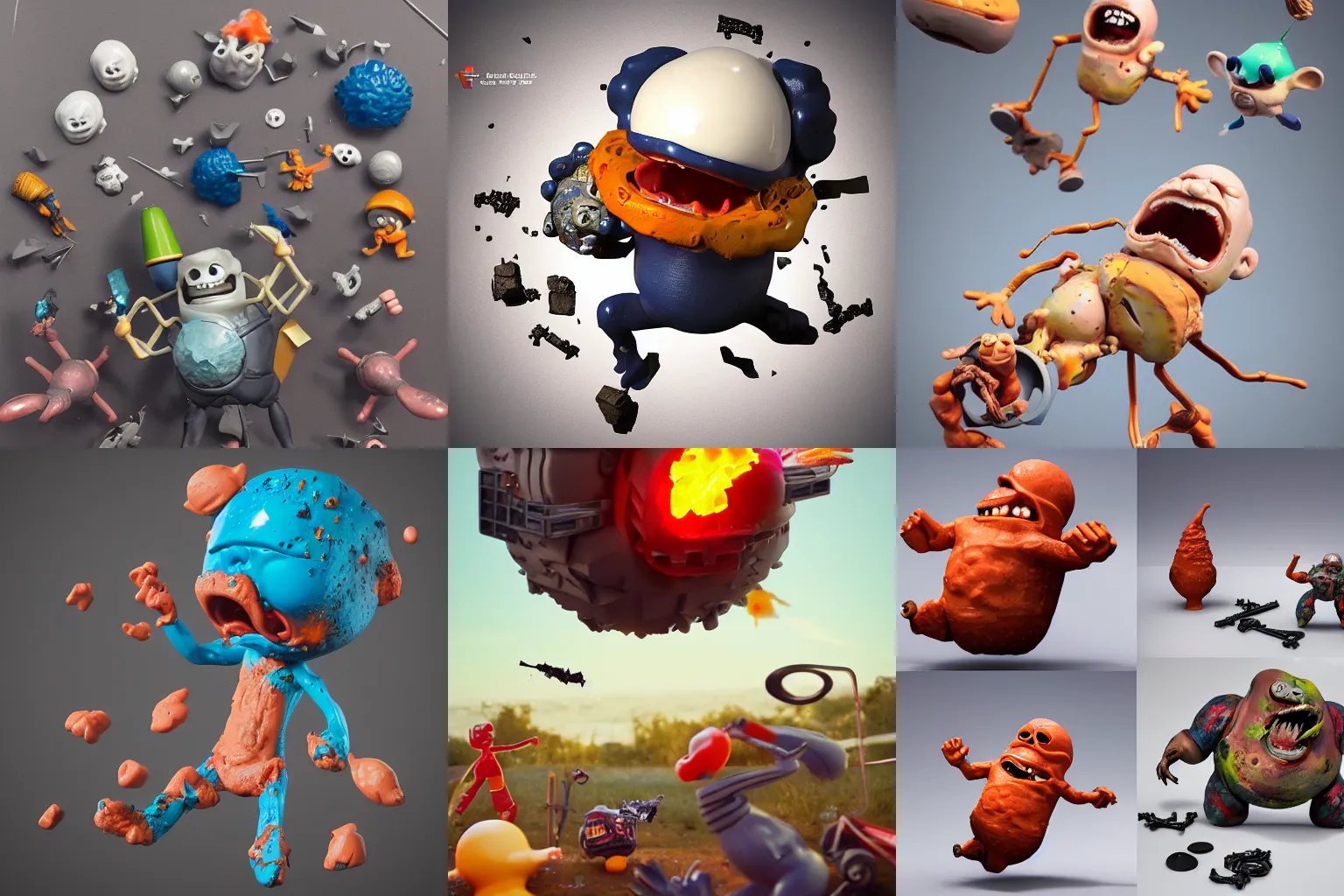 Prompt: dissection of angry screaming ceramic exploding crash miniature toy resin Figure falling apart, c4d, 3d primitives, in a Studio hollow, surrounded by flying parts, explosion drawing, by pixar, beeple, by jeff koons, blender donut tutorial, by noah bradley