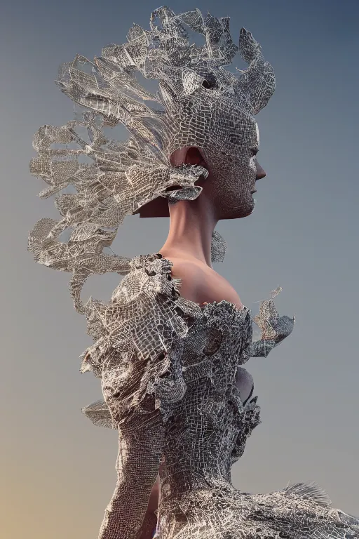 Image similar to a beautiful hyperrealistic ultradetailed 3D, one girl in a magnificent McQueen couture dress stands near a volcano, voge photo, fashion style, fullbody, in full growth, photorealistic, high resolution, trending on artstation, highly detailed, volumetric lighting, elegant, details, good clear quality, volumetric lighting,