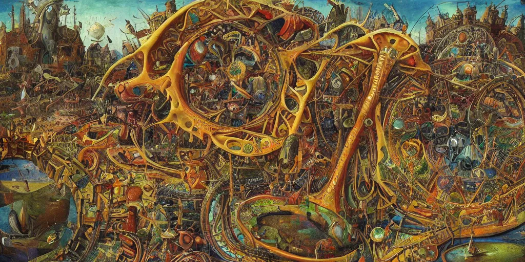 Prompt: biological valve body megastructure in the style of heironymus bosch, intricate colorful masterpiece, hyper detailed, hd