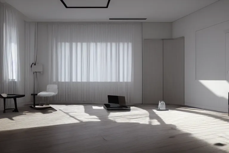 Prompt: realistic illustration of a room, central perspective, liminal space hotel room with a isolated computer server in the center of the picture, white studio light, volumetric light, artstation, hiroaki samura, jiro matsumoto, o yusuke murata, unreal engine, octane render, sharp focus high quality 8 k