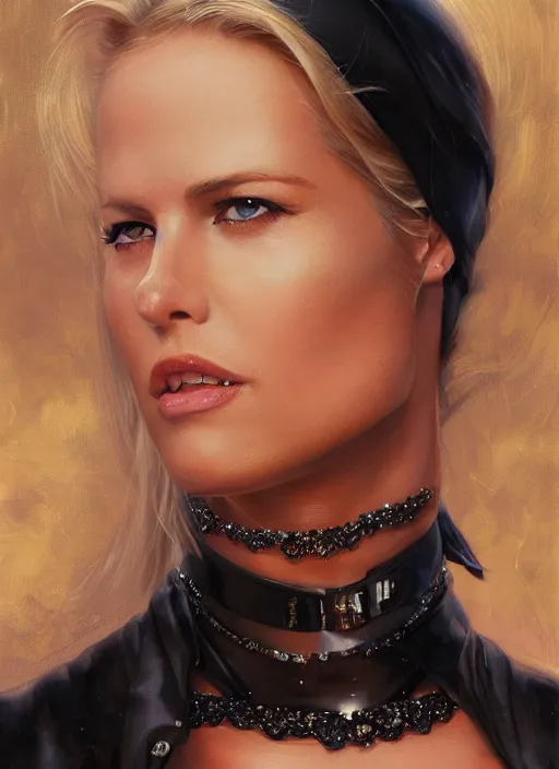 Prompt: muscled Elin Nordegren shiny sparkling diamonds, mouth slightly open, wearing intricate black choker, elegant, highly detailed, centered, digital painting, artstation, concept art, smooth, sharp focus, illustration, artgerm, donato giancola, Joseph Christian Leyendecker, WLOP, Boris Vallejo, Artgerm