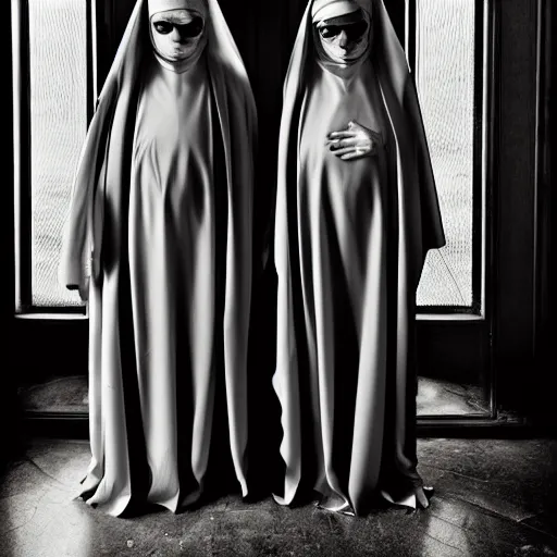 Image similar to award winning photo,two Hovering twin nuns, wearing pointed hoods, buxom chested, blindfolded, wearing translucent veils, see through dress, Very long arms, bedroom, wood door, eerie, frightening, standing at the foot of your bed, highly detailed, photorealistic, colorized —width 1024 —height 1024