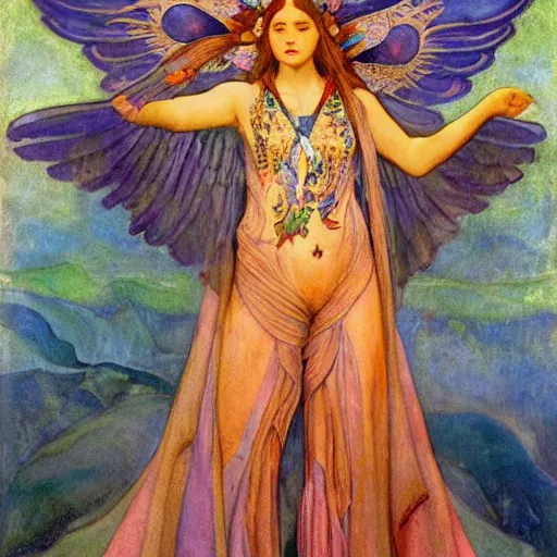 Image similar to queen of the dawn with her wings and her lantern, by Annie Swynnerton and Nicholas Roerich and Diego Rivera, flowing robes, bioluminescent skin, floral tattoos, elaborate costume, geometric ornament, symbolist, soft colors, smooth, sharp focus, extremely detailed