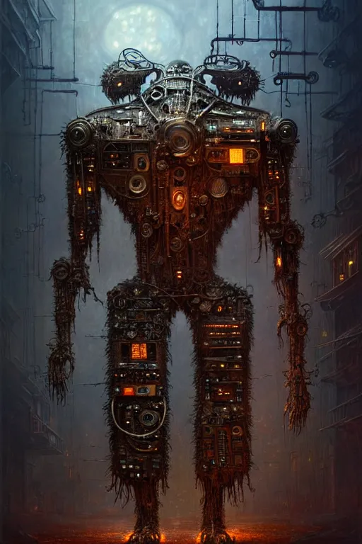 Image similar to A photo of a robot monster cyborg made of circuits wide view shot by ellen jewett , tomasz alen kopera and Justin Gerard, symmetrical features, ominous, magical realism, texture, intricate, ornate, royally decorated, android format, windows, many doors, roofs, complete house , whirling smoke, embers, red adornments, red torn fabric, radiant colors, fantasy, trending on artstation, volumetric lighting, micro details, 3d sculpture, ray tracing, 8k