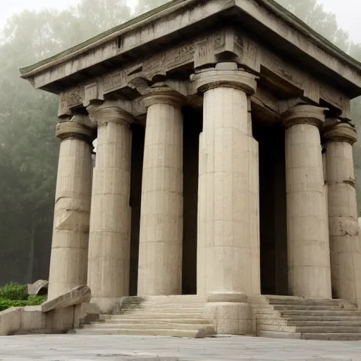 Image similar to Temple of knowledge, foggy entrance, mysterious architecture