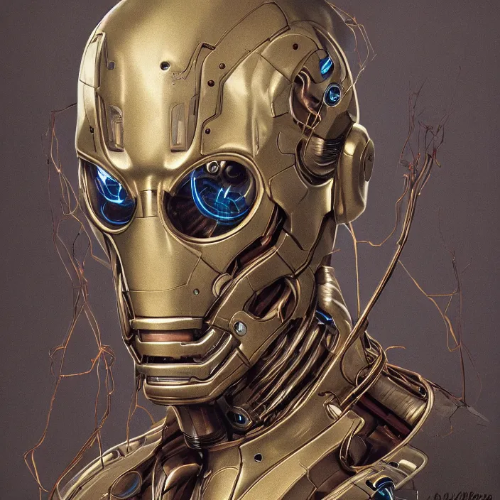 Prompt: portrait of a brass Ultron from Age of Ultron, clockwork steampunk, only head and chest, varying colors of metal, by Beksinski and Michael Whelan, trending on artstation, 4k