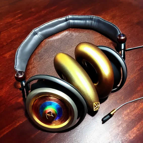 Image similar to masterpiece photo of beautiful crafted artistic bismuth metal headphones, bismuth rainbow metal, bismuth cups, leather padding, displayed on mahogany desk, modernist headphones, bismuth headphones beautiful well designed, hyperrealistic, audiophile, intricate hyper detail, extreme high quality, photographic, meze audio, sennheiser, hifiman, artstation