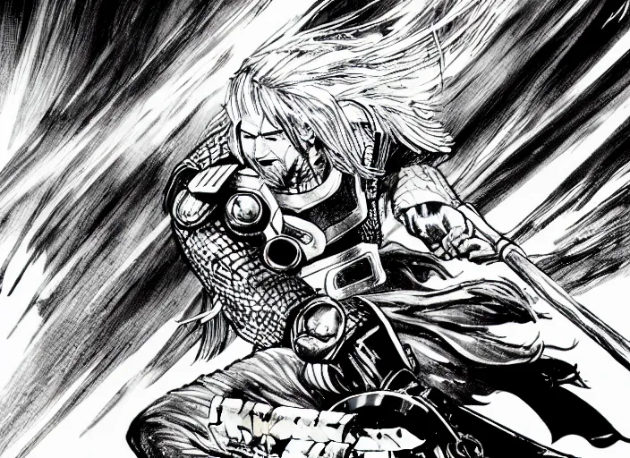 Image similar to thor with blond hair catches lightning and holds an ax in an epic battle with storm clouds with faces monsters by tsutomu nihei, black and white, epic battle background, comic, cinematic