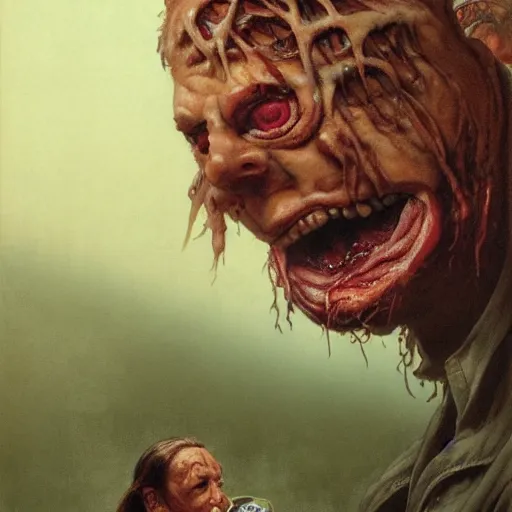 Image similar to big eyes wide open, horrific sentient meatloaf, holding meatloaf, sloppy, gross, meatloaf, hyper realistic, terrifying, disturbing, strange, bizarre, masterpiece, 4 k, vivid colors, elegant, highly detailed, john park, frazetta, john howe, ruan jia, jeffrey catherine jones