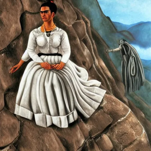 Image similar to Ultra realistic close-up of Frida Kahlo in a wedding dress rock climbing a steep wall, hd