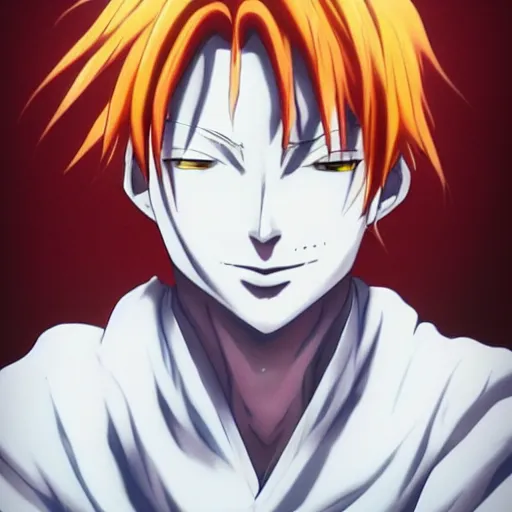 Prompt: beautiful portrait of hisoka morow, red hair, white shirt with yellow hem, realistic anime, hyper realistic