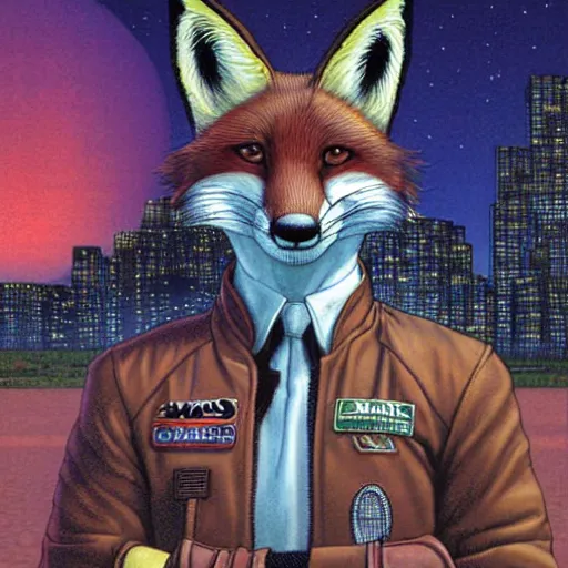 Image similar to a portrait of fox mccloud by peter elson, furry art : he is looking to the side, profile, with a sci fi city background by syd dutton